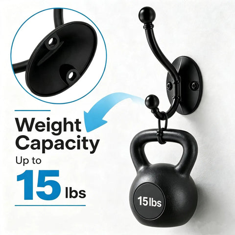 Heavy Duty Black Wall Mounted Coat Hooks 10 Pack With Complete Hardware Kit No Fuss Setup showing 15 lb capacity with kettlebell