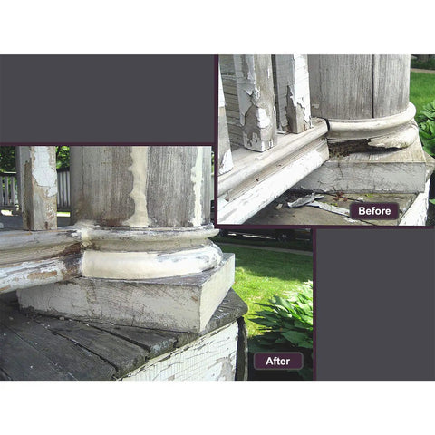 Wood Epoxy Repair Kit 2 Quart 2 Part Structural Epoxy Adhesive Filler For Wood Repair And Restoration Of Windows Doors Trim Posts And Columns This DIY Friendly Putty Seals Fills And Rebuilds Damaged Wood With 20 To 30 Minute Pot Life shown in before and after images of restored porch column.