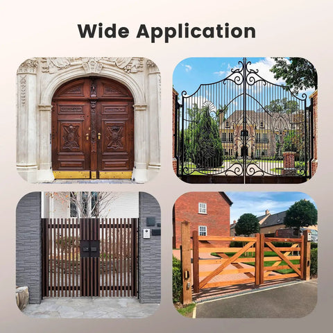 Multiple gate designs showcasing Built Rock Solid Gate Hinges Fitted With Sealed Bearings For A Smooth Silent Glide Adjustable Yoke Pivot Handles The Bulk On Huge Driveway Gates Up To 1100 Lbs Two Pack Carbon Black Kit.