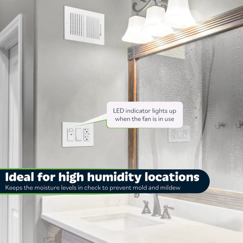 Bathroom humidity sensor switch with LED indicator, ideal for high humidity, controls ventilation fans auto on when humid, white.