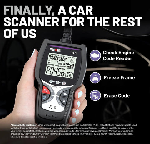 Person holding Easy No Fuss Check Engine Code Reader And Scanner For 1996 And Later OBDII Cars That Reads And Clears Diagnostic Trouble Codes Verifies Emissions Readiness And Helps With Smog Prep For Cars Trucks And SUVs