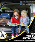 Portable 14 Foot Multi Sport Net For Badminton, Pickleball, Tennis And Soccer Tennis, packed in car trunk with kids reading map