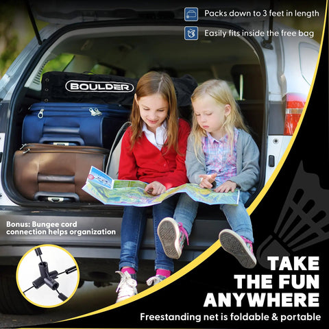 Portable 14 Foot Multi Sport Net For Badminton, Pickleball, Tennis And Soccer Tennis, packed in car trunk with kids reading map