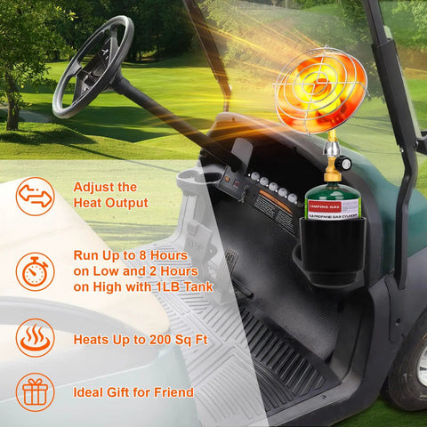 Portable Propane Golf Cart Heater For Outdoor Use, Fits Cup Holder, installed in golf cart, showcasing cup holder placement.