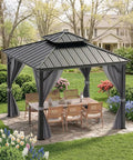 12x12 Hardtop Gazebo With Beefy Double Roof And Mosquito Net, Aluminum Frame And Galvanized Steel Top Canopy, Privacy Curtain, Gray