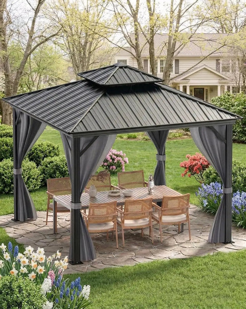 12x12 Hardtop Gazebo With Beefy Double Roof And Mosquito Net, Aluminum Frame And Galvanized Steel Top Canopy, Privacy Curtain, Gray