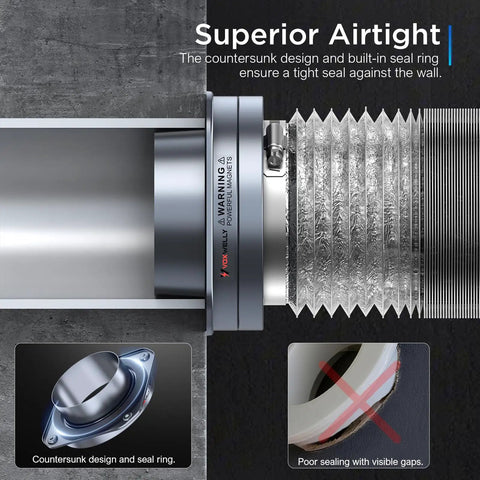 Magnetic Dryer Vent Connector Kit With No-Fuss Quick Connect Tech, 4-Inch Duct, showing airtight seal and countersunk design.