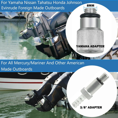 Lower Unit Gear Oil Pump For Standard Quart Bottles With 3/8 Inch Metal Swivel And 8mm And 10mm Adapters Fits Mercury And Most Marine Outboard Motors Not Compatible With Volvo Penta shown with Yamaha and 3/8 adapters for outboards.