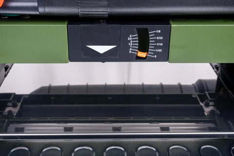 Control panel of Absolute Knockout 13 Inch Benchtop Planer with depth adjustment and feed speed settings.
