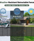 Extra Wide Retractable Baby Gate Delivering Rock Solid Safety For Mega Garages Wide Driveways And Big Patios While Sliding Out Smooth As Glass And Looking Straight Up Dope In Matte Black, showcasing weather-resistant mesh in various outdoor conditions.
