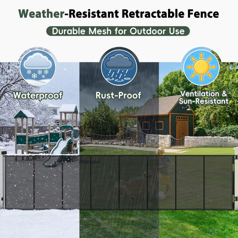 Extra Wide Retractable Baby Gate Delivering Rock Solid Safety For Mega Garages Wide Driveways And Big Patios While Sliding Out Smooth As Glass And Looking Straight Up Dope In Matte Black, showcasing weather-resistant mesh in various outdoor conditions.