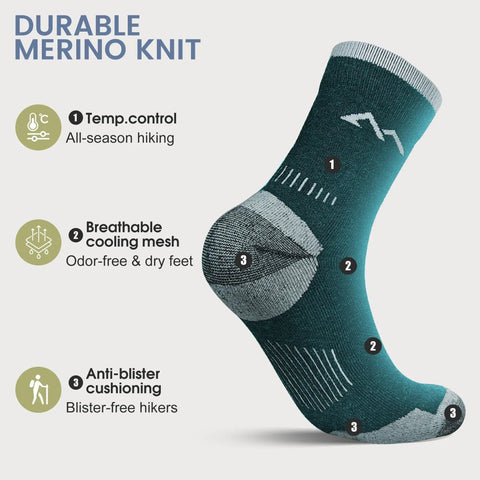Men's Merino Wool Hiking Socks 3 Pack Micro Crew Cushioned Thermoregulating All Season Comfort Moisture Wicking Trekking Socks