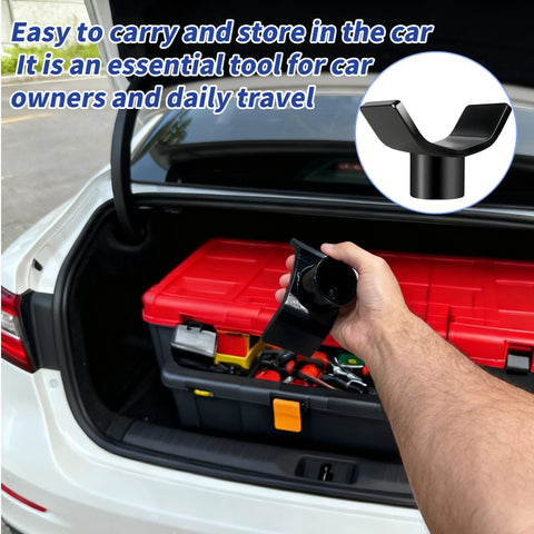 Amazon bottle jack adapter with lifting saddle held in car trunk; fits 2–4 in round or square tubes.