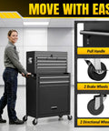 Smooth Rolling 8 Drawer Tool Chest With Nifty Detachable Modular Layout And Secure Locking Drawers For Top Shelf Garage Storage Slick Black Finish with pull handle and swivel wheels.