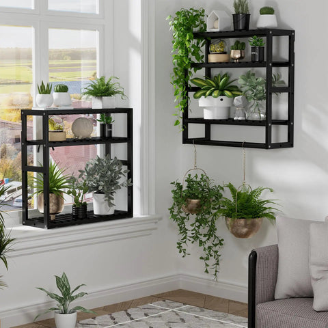 Over The Toilet Towel Rack And Bamboo Floating Shelf Adjustable Height Wall Mounted Dope Space Saving Bathroom Storage For Small Spaces And Kitchens Black Multi Use Organizer styled with plants near a window.