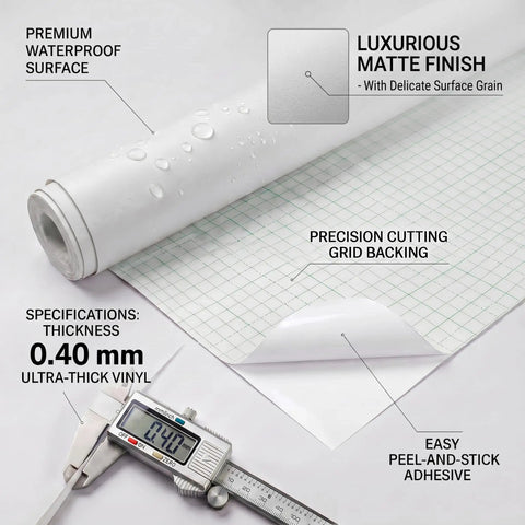 White Peel And Stick Contact Paper 23.6x196 SelfAdhesive Vinyl Film showing premium waterproof surface and 0.40mm thickness