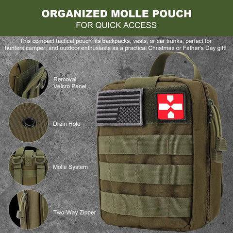 Ultimate 150 Piece First Aid And Survival Gear Kit with MOLLE pouch, featuring removable Velcro panel and drain hole.