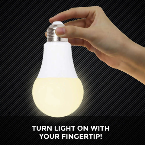 Hand holding LED Smart Emergency Light Bulb With Rechargeable Battery Backup For 3 To 4 Hour Power Outages Perfect For Camping And Outdoor Use Handy Hook Four Pack