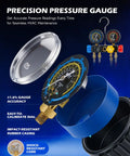 4.5 CFM AC Vacuum Pump And Gauge Set With 4 Way Manifold, Color Coded Hoses, Electronic Leak Detector, R134a R22 R410a Taps And Quick Couplers, Vacuum Oil, And A Beast Carrying Case For Auto And Home HVAC Evacuation. Precision pressure gauge with blue rubber casing and dial detail.