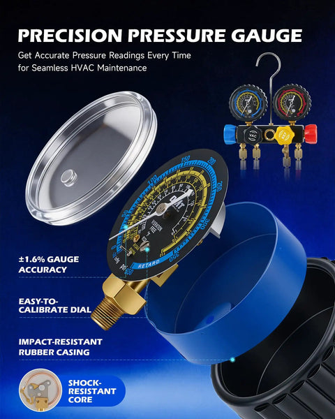 4.5 CFM AC Vacuum Pump And Gauge Set With 4 Way Manifold, Color Coded Hoses, Electronic Leak Detector, R134a R22 R410a Taps And Quick Couplers, Vacuum Oil, And A Beast Carrying Case For Auto And Home HVAC Evacuation. Precision pressure gauge with blue rubber casing and dial detail.