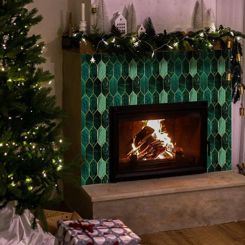 Fireplace wall with Emerald Holographic Hexagon Peel And Stick Backsplash Tiles, Art Deco style in a cozy setting.