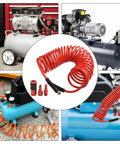 Straight Up Heavy Duty 7.5 Meter Retractable PU Air Hose Kit With Auto Rewind Mechanism Keeps Coils Tangle Free At Workshop Bench Plus Quarter Inch Quick Fit Connection Tips That Withstands Oil And Grease Without Kinking Around Your Tools And Gear, red coiled air hose with compressor fittings