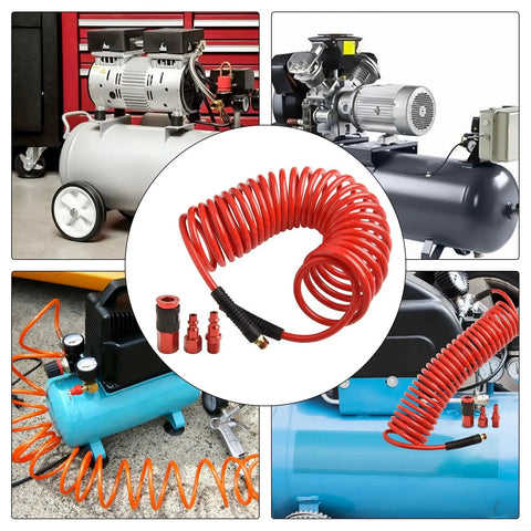 Straight Up Heavy Duty 7.5 Meter Retractable PU Air Hose Kit With Auto Rewind Mechanism Keeps Coils Tangle Free At Workshop Bench Plus Quarter Inch Quick Fit Connection Tips That Withstands Oil And Grease Without Kinking Around Your Tools And Gear, red coiled air hose with compressor fittings
