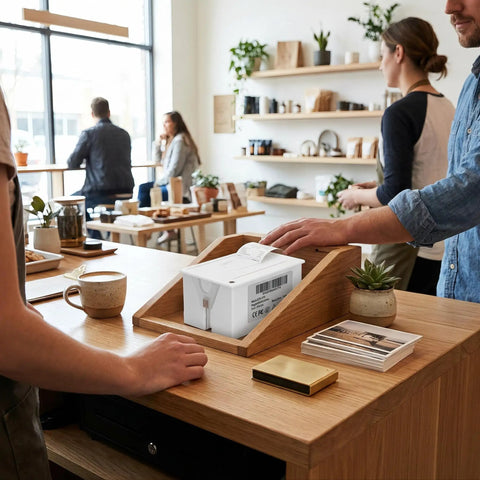 Rock Solid 58mm Thermal Receipt Printer Featuring Embedded Micro Usb And Ttl Serial Port in a modern café setup with coffee.