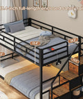 Rock Solid Low Twin Over Twin Bunk Bed With Game Changing Built In Storage Stairs Featuring Heavy Duty Steel Frame And Full Wrap Around Safety Rails In Sleek Matte Black Kids Room Setup with safety rail dimensions.