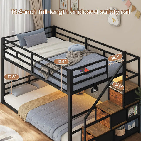 Rock Solid Low Twin Over Twin Bunk Bed With Game Changing Built In Storage Stairs Featuring Heavy Duty Steel Frame And Full Wrap Around Safety Rails In Sleek Matte Black Kids Room Setup with safety rail dimensions.