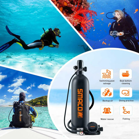 Image of Ultra Portable 1.9L Aluminum DOT Certified Scuba Tank for shallow water diving with divers and scuba gear shown in various settings.