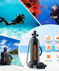 Image of 1.9L Mini Scuba Tank For Underwater Breathing with Portable Dive Oxygen Cylinder Kit next to divers in ocean scenes.