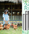 Girl feeding chickens with stainless steel bird cage feeding bowls, 24-pack.