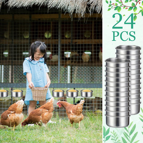 Girl feeding chickens with stainless steel bird cage feeding bowls, 24-pack.