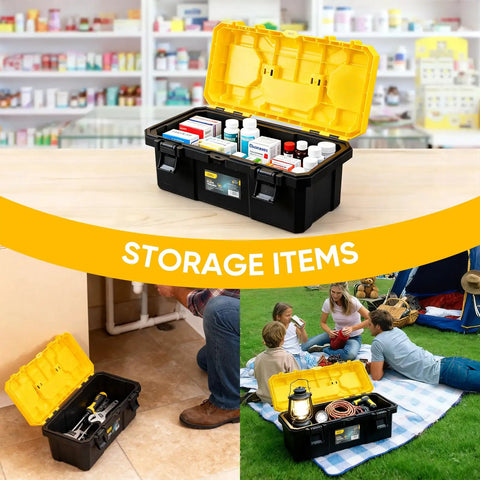 Sixteen Inch Tool Box With Lock And Two Layer Heavy Duty Organizer Removable Tray Liftable Lid For Small Parts 25 Lb Capacity Carry Handle For Tools Camping And Medical Supply Storage, open with supplies