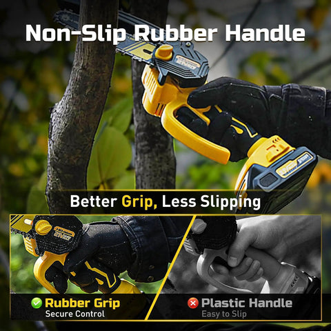 6-Inch Cordless Mini Chainsaw 21V 2.0Ah Battery Powered Pruning Saw with non-slip rubber handle demonstration