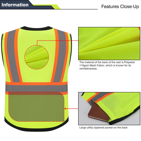 Close-up of Heavy Duty Class 2 High Visibility Reflective Safety Vest With Zip Front And Five Pockets Ansi Certified showing breathable mesh and back pocket.