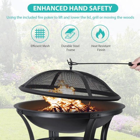 22 Inch Portable Fire Pit For Outdoor Wood Burning Steel Construction With Lightweight Grill Fire Pit Bowl Log Grate And Poker