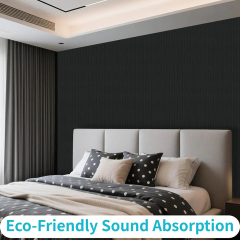 12 Pack Large Acoustic Wall Panels Covering 92.8 Square Feet With Solid Peel And Stick Sound Absorbing Backing To Knock Down Echoes And Elevate Your Home Studios Offices Or Media Rooms In Black on bedroom wall behind bed.