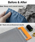 Before and after using 40 Piece Sewing Kit With Five Size Clip On Ruler Set Edge Stitch Quilting Templates Plus Needles Thread Needle Threaders And Seam Ripper