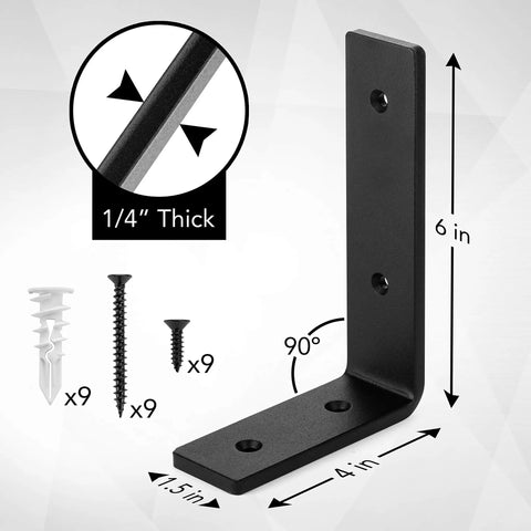 Heavy Duty Quarter Inch Thick Shelf Brackets With Included Hardware Industrial Black Iron Finish Rustic Modern Farmhouse Style 4 Pack Contractor Grade Steel For Sturdy Long Lasting Shelving shown with measurements and hardware