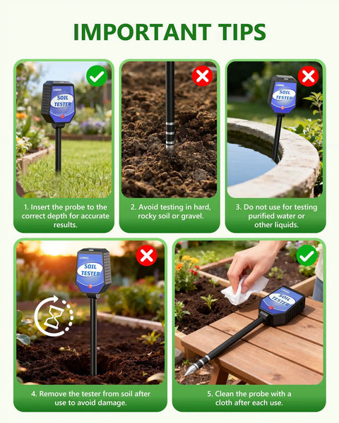 8 In 1 Soil Tester With App Monitoring For Garden Lawn Farm And Indoor Outdoor Plants That Tracks pH Moisture Temperature Light Salinity Fertility EC And Humidity For Next Level Plant Care. Tips guide for probe use and cleaning
