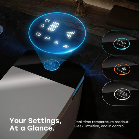 Control panel of Sleek Sensor Activated Smart Toilet With Built In Bidet Pump And Self Cleaning Deodorizer featuring touch buttons.