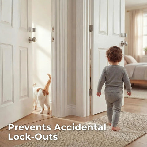 Heavy Duty 4 Pack Door Pinch Guards That Save Littles From Darn Door Slams And Keep The Nursery Secure With A Quick No Tool Installation Process Inside Any House, child walking past open door with cat.