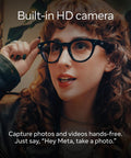 Person wearing Smart AI Glasses For Men And Women With 12 MP Ultra Wide Camera Open Ear Audio Hands Free Video Recording Bluetooth Connectivity Clear Lenses Slim Wearable Tech You Can Wear All Day Capture Moments On The Go.