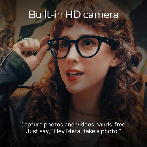 Person wearing Smart AI Glasses For Men And Women With 12 MP Ultra Wide Camera Open Ear Audio Hands Free Video Recording Bluetooth Connectivity Clear Lenses Slim Wearable Tech You Can Wear All Day Capture Moments On The Go.