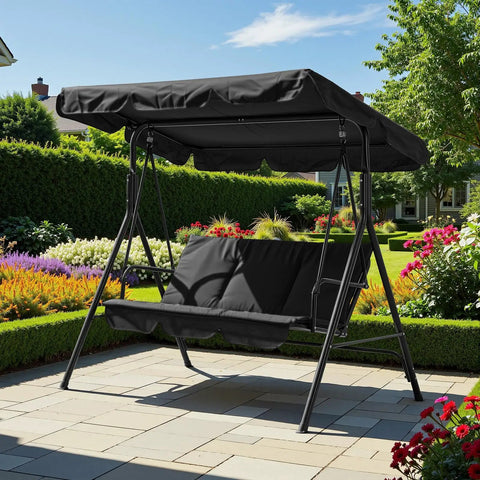 Three Seat Outdoor Porch Swing With Adjustable Canopy, Breathable Cushioned Seat And Back, Comfy Armrests, Heavy Duty Frame, 600 Lb Capacity, Perfect For Patio Hangouts, Backyard Or Garden, Black.