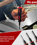 9 Piece Punch And Chisel Set with Cape and Cold Chisels, Center, Pin, Taper Punches, hand guard in use on metal surface