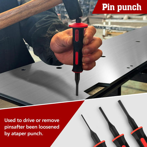 9 Piece Punch And Chisel Set with Cape and Cold Chisels, Center, Pin, Taper Punches, hand guard in use on metal surface