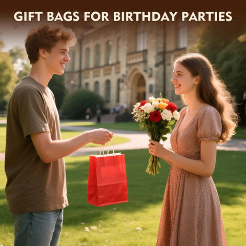 Young man giving red Kraft Gift Bag to woman in floral dress, standing in park, focus keyword: Kraft Gift Bags With Handles Bulk Pack 24 Small Party Favor Bags In 6 Colors, 5.8 By 3.2 By 8.25 Inches, Great For Kids Birthday, Baby Shower, Weddings, Crafts And Classroom Events.